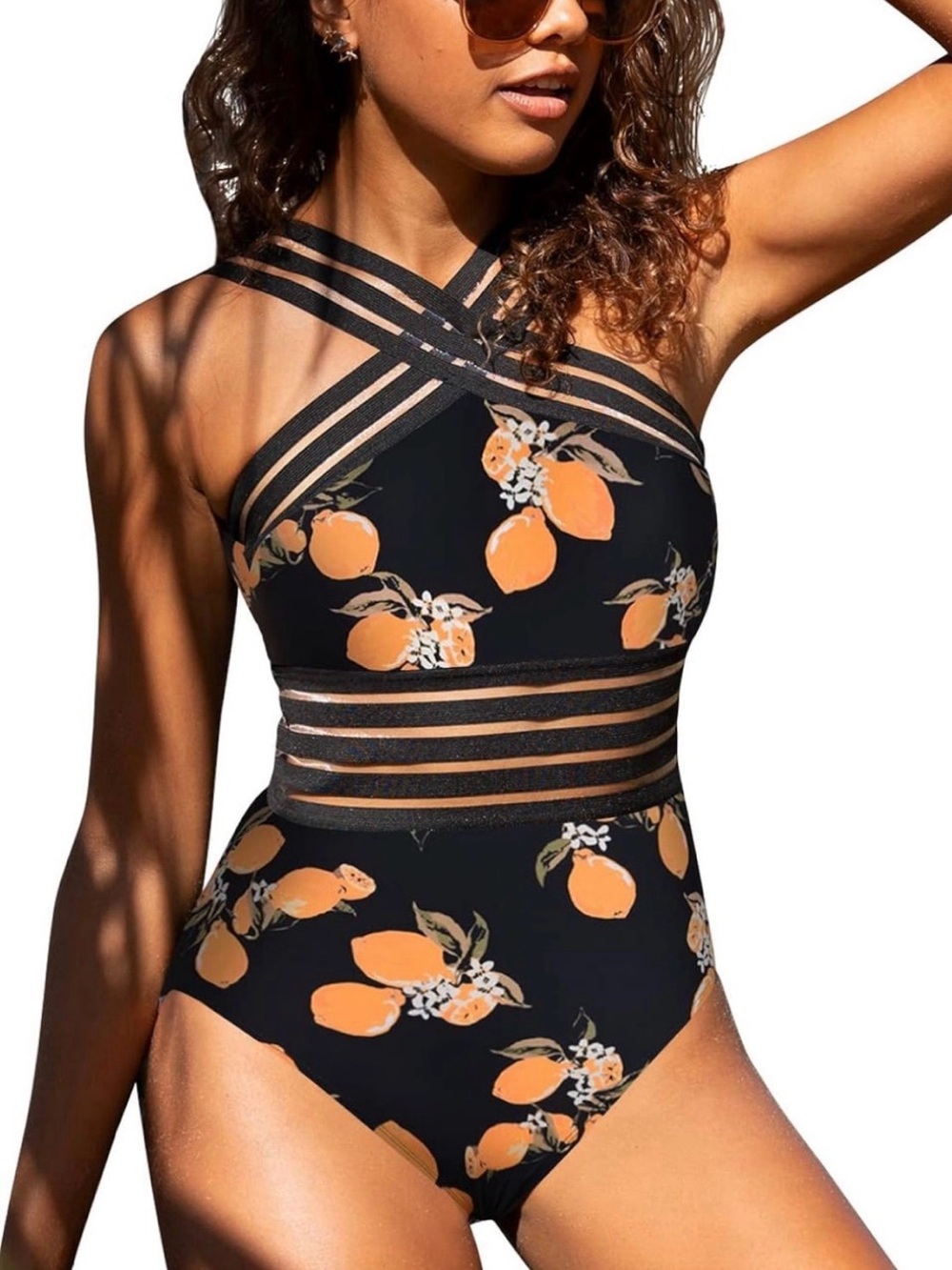 Hilor Black One-Piece Swimsuit with Orange Floral Print Sz CL NWT/0268
